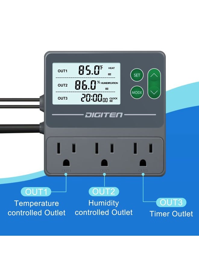 DIGITEN Temperature and Humidity Controller with Timer - 3 Outlet, 2 Separate Probes, Plug in Temperature Controller for Reptiles,Snake, Mushrooms, Tent, Triple Control for Temp,Humidity,Time - Image 4