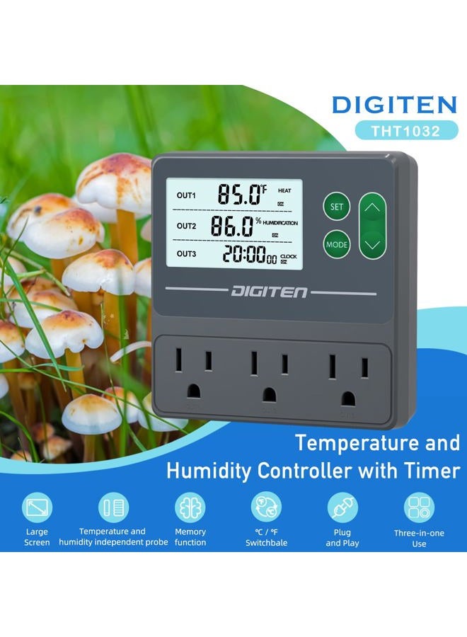 DIGITEN Temperature and Humidity Controller with Timer - 3 Outlet, 2 Separate Probes, Plug in Temperature Controller for Reptiles,Snake, Mushrooms, Tent, Triple Control for Temp,Humidity,Time - Image 2