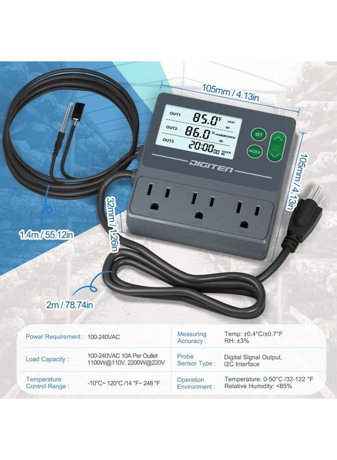 DIGITEN Temperature and Humidity Controller with Timer - 3 Outlet, 2 Separate Probes, Plug in Temperature Controller for Reptiles,Snake, Mushrooms, Tent, Triple Control for Temp,Humidity,Time - Image 3