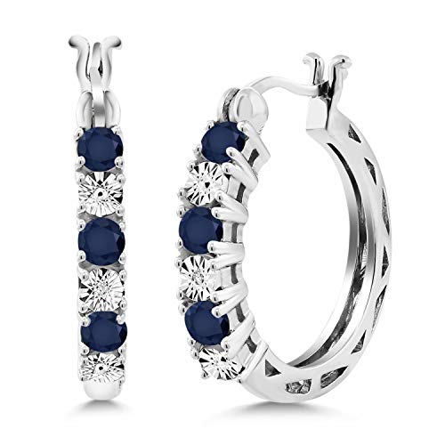 Gem Stone King 925 Sterling Silver Blue Sapphire and White Lab Grown Diamond Accent Hoop Earrings For Women (0.83 Cttw, 22MM = 0.85 Inches Diameter) - Image 1
