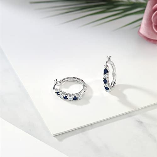 Gem Stone King 925 Sterling Silver Blue Sapphire and White Lab Grown Diamond Accent Hoop Earrings For Women (0.83 Cttw, 22MM = 0.85 Inches Diameter) - Image 4