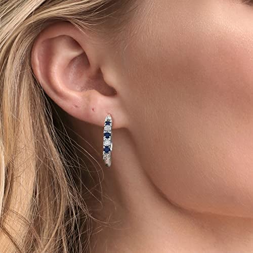 Gem Stone King 925 Sterling Silver Blue Sapphire and White Lab Grown Diamond Accent Hoop Earrings For Women (0.83 Cttw, 22MM = 0.85 Inches Diameter) - Image 3