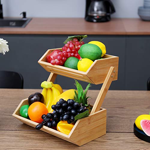 WELLAND Countertop Fruit Basket Bowl for Kitchen Dining Table, 2 Tier Bamboo Bread, Vegetable, Snack Storage - Image 5