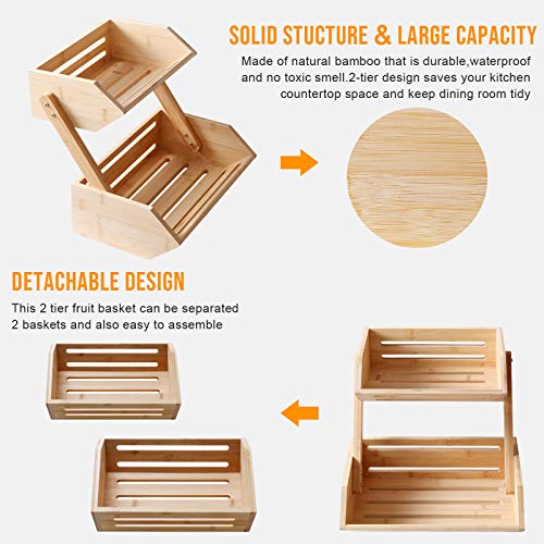 WELLAND Countertop Fruit Basket Bowl for Kitchen Dining Table, 2 Tier Bamboo Bread, Vegetable, Snack Storage - Image 4