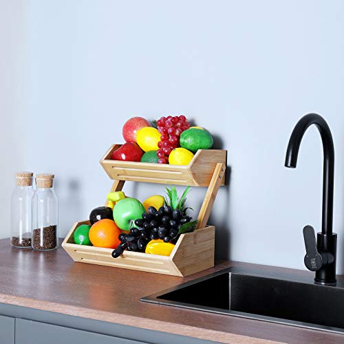 WELLAND Countertop Fruit Basket Bowl for Kitchen Dining Table, 2 Tier Bamboo Bread, Vegetable, Snack Storage - Image 3