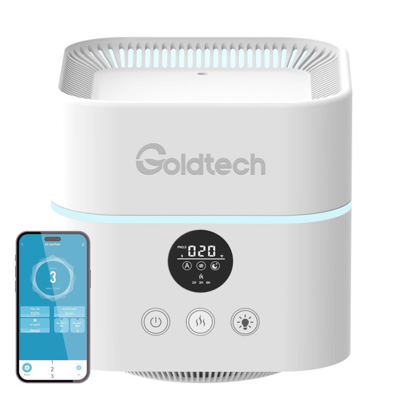 Gold-Tech Goldtech Air Purifier and Humidifier Combo for Bedroom Up to 200FtÂ²,H13 True HEPA Filter Desk Air Purifiers with Smart WiFi,500ML Water Tank,LED Light,Small Air Purifier for Bedroom,Office - Image 1