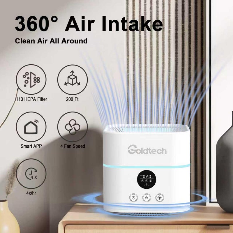 Gold-Tech Goldtech Air Purifier and Humidifier Combo for Bedroom Up to 200FtÂ²,H13 True HEPA Filter Desk Air Purifiers with Smart WiFi,500ML Water Tank,LED Light,Small Air Purifier for Bedroom,Office - Image 4