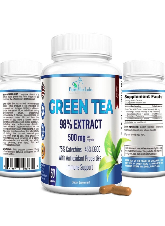 YUMMYVITE Green Tea Extract 98% - 3X Strength, 75% Polyphenol Catechins, 45% EGCG, Super Antioxidant - 60 Capsules - Image 1