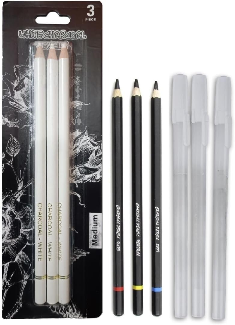 Generic QALAM KAARI 3 White Charcoal Pencil Medium Set For Drawing and Sketching, 3 Black Charcoal Pencil Set (Soft-Medium-Hard) and 3 White Highlighter Gel Pen 0.8mm For Arts/Sketching and Drawing  - Image 1
