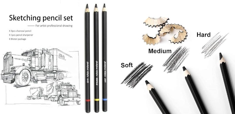 Generic QALAM KAARI 3 White Charcoal Pencil Medium Set For Drawing and Sketching, 3 Black Charcoal Pencil Set (Soft-Medium-Hard) and 3 White Highlighter Gel Pen 0.8mm For Arts/Sketching and Drawing  - Image 3