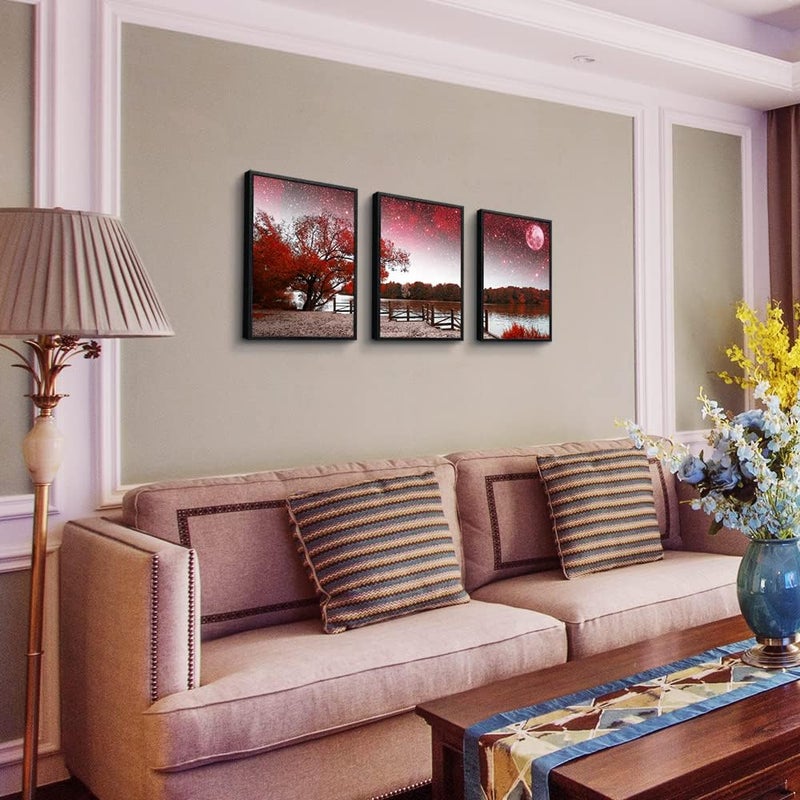 TTHYUEWS Black Framed Wall Art For Living Room Wall Decoration For Bedroom Red Tree Scenery Wall Pictures Office Wall Decor Abstract Wall Paintings Modern Home Decor Set of 3 Piece Framed Art Prints 12"X16" - Image 2