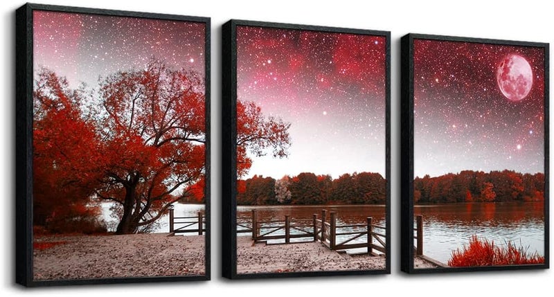 TTHYUEWS Black Framed Wall Art For Living Room Wall Decoration For Bedroom Red Tree Scenery Wall Pictures Office Wall Decor Abstract Wall Paintings Modern Home Decor Set of 3 Piece Framed Art Prints 12"X16" - Image 1