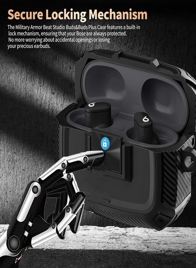 Olytop for Beats Studio Buds/Bud + Case Cover with Lock Clip 2021/2023, Rugged Shockproof Protective Hard Skin with Carabiner&Cleaner Pen Men Women for Beat Studio Buds/Bud Plus Earbuds - Black - Image 2