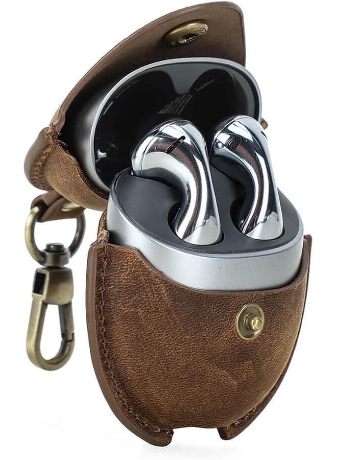 إيروريكس غطاء جلدي Crazy Horse لسماعات Huawei Freebuds 5 اللاسلكية بتقنية البلوتوث، متوافق مع Huawei Freebuds 5Th Generation مع خطاف سلسلة مفاتيح ومشبك معدني بلون القهوة - Image 1