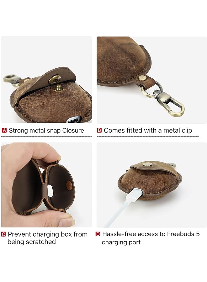 إيروريكس غطاء جلدي Crazy Horse لسماعات Huawei Freebuds 5 اللاسلكية بتقنية البلوتوث، متوافق مع Huawei Freebuds 5Th Generation مع خطاف سلسلة مفاتيح ومشبك معدني بلون القهوة - Image 4