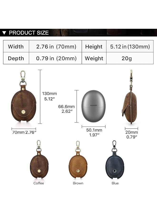 إيروريكس غطاء جلدي Crazy Horse لسماعات Huawei Freebuds 5 اللاسلكية بتقنية البلوتوث، متوافق مع Huawei Freebuds 5Th Generation مع خطاف سلسلة مفاتيح ومشبك معدني بلون القهوة - Image 2