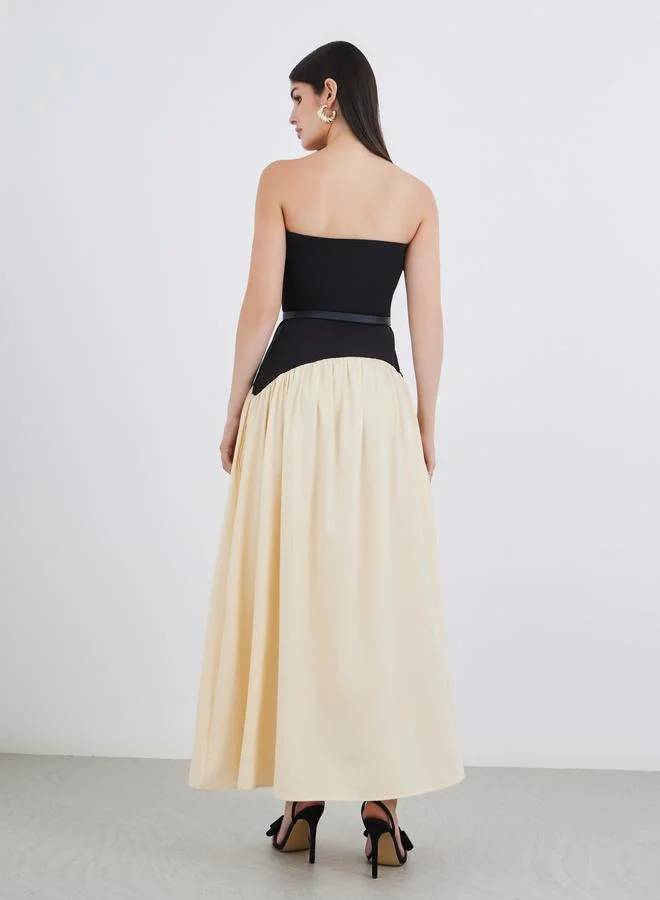 Styli Styli Women Color Block Strapless A-Line Maxi Dress with Belt Detail