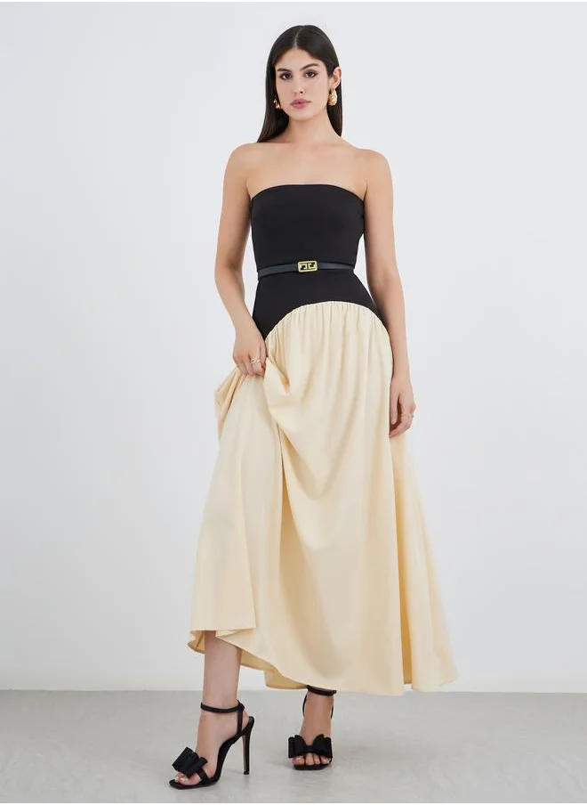 Styli Styli Women Color Block Strapless A-Line Maxi Dress with Belt Detail