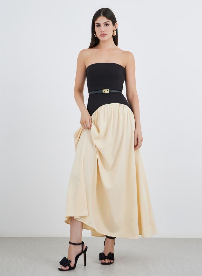 Styli Women Color Block Strapless A-Line Maxi Dress with Belt Detail - Image 1