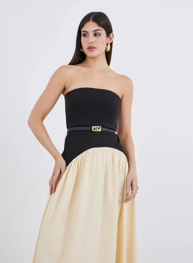 Styli Styli Women Color Block Strapless A-Line Maxi Dress with Belt Detail