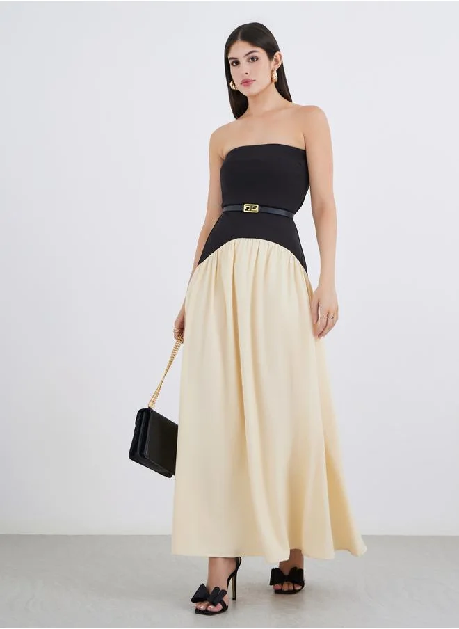 Styli Styli Women Color Block Strapless A-Line Maxi Dress with Belt Detail