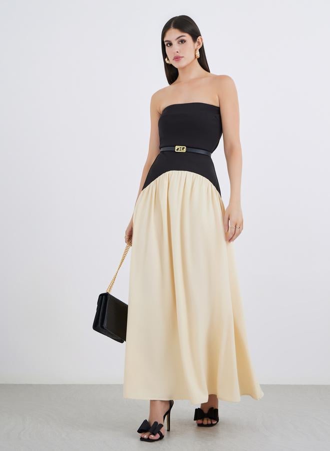 Styli Women Color Block Strapless A-Line Maxi Dress with Belt Detail - Image 2