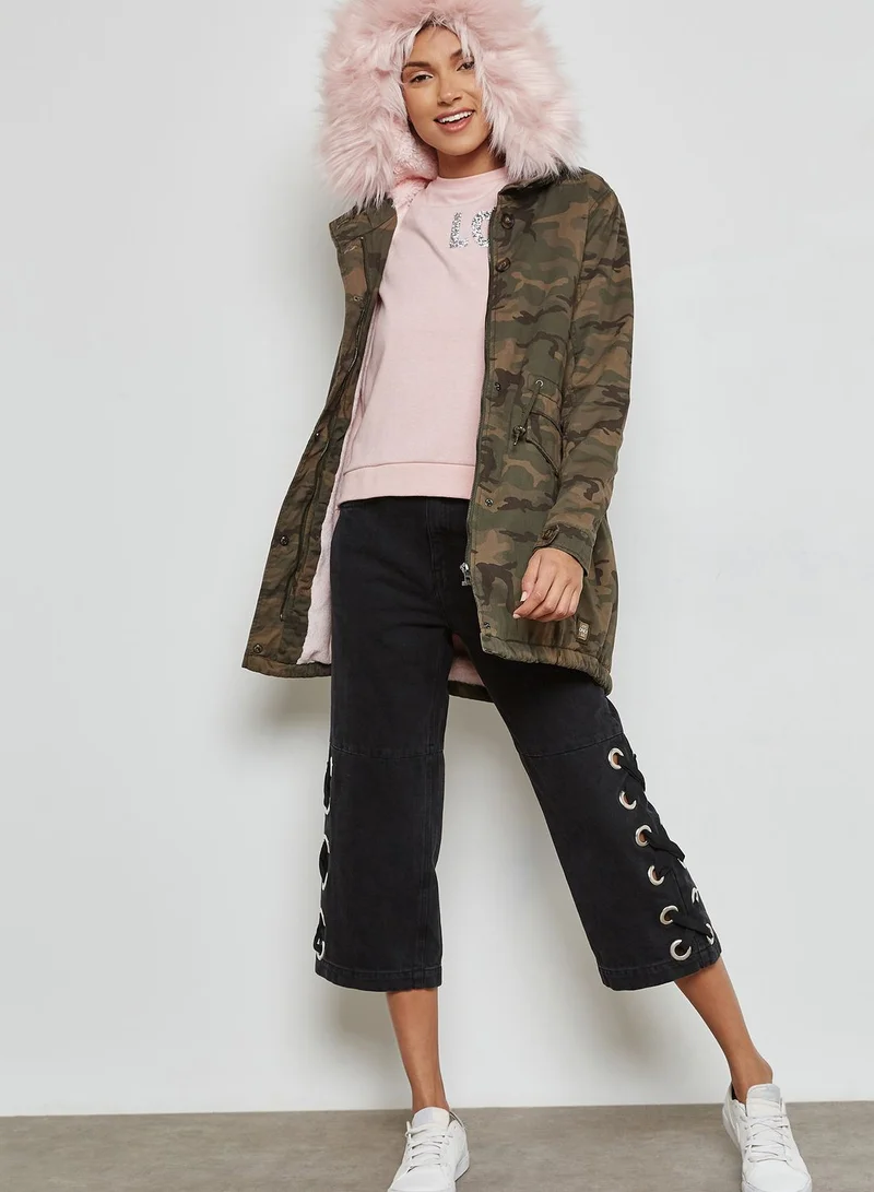 ONLY Camo Faux Fur Longline Jacket