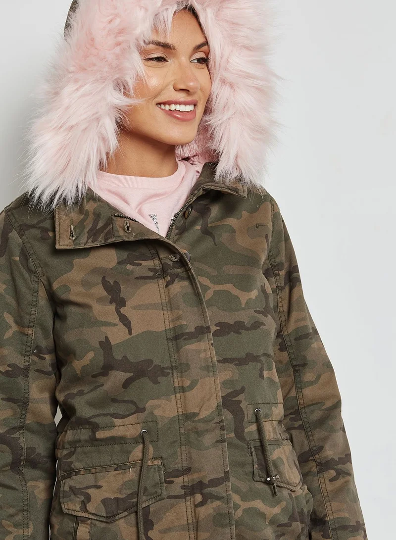 ONLY Camo Faux Fur Longline Jacket
