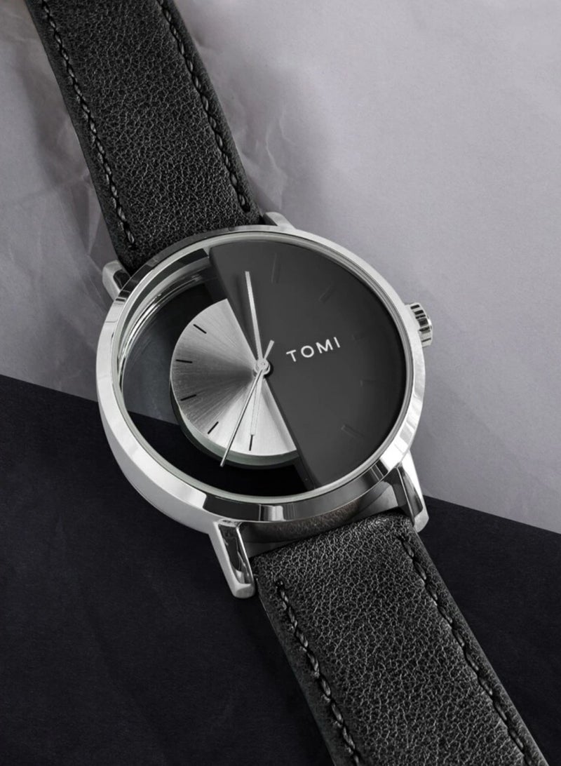 TOMI A unisex wrist watch with black leather strap for men and women from TOMI, the watch face size is 40 mm and the thickness is 9 mm - Image 3
