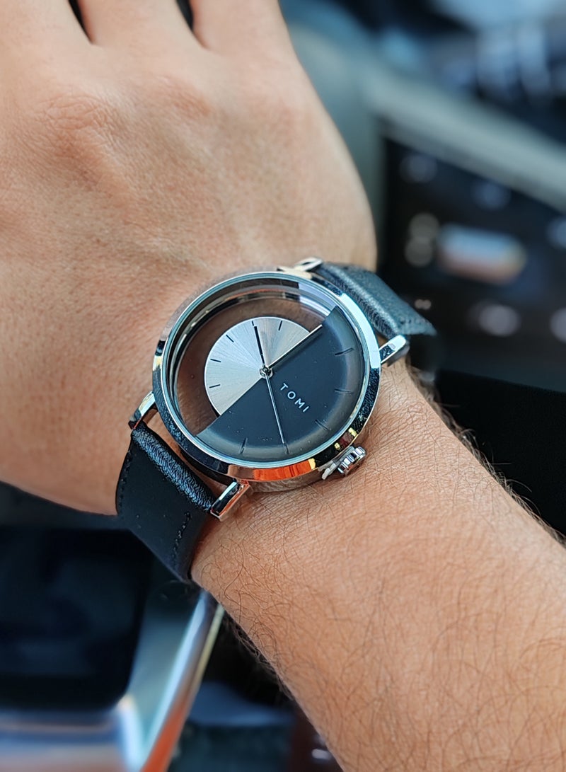 TOMI A unisex wrist watch with black leather strap for men and women from TOMI, the watch face size is 40 mm and the thickness is 9 mm - Image 1