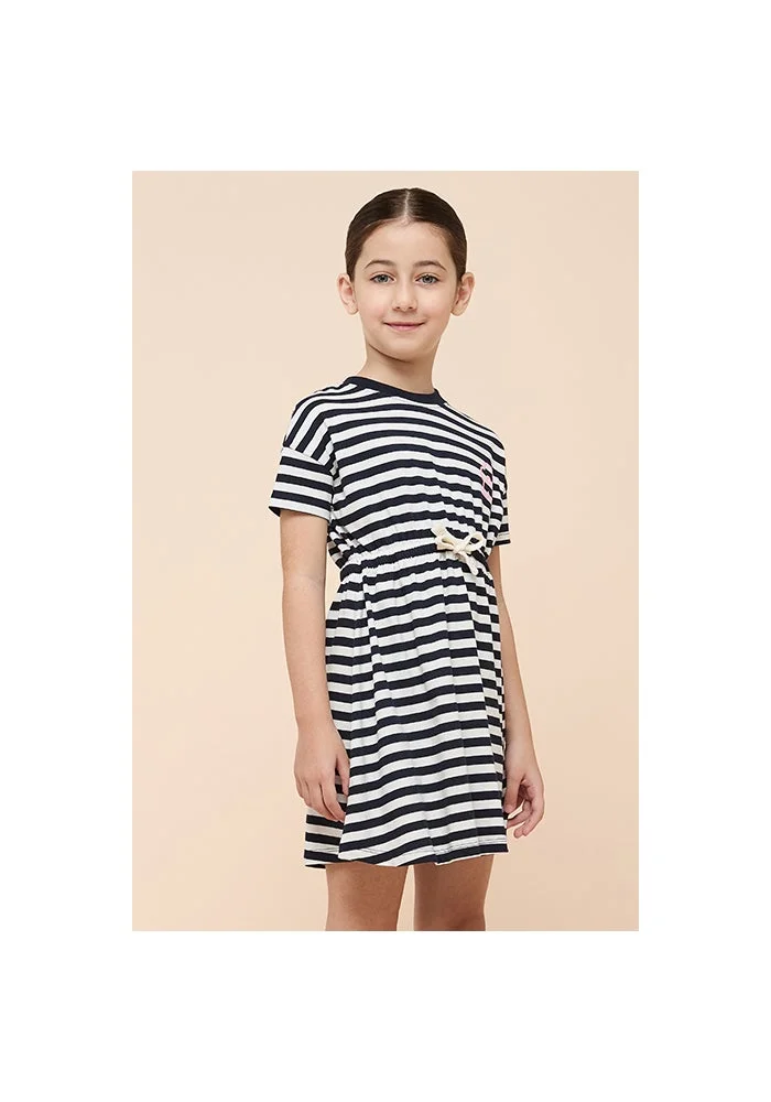 أر أند بي Striped Dress with Crew Neck and Short Sleeves