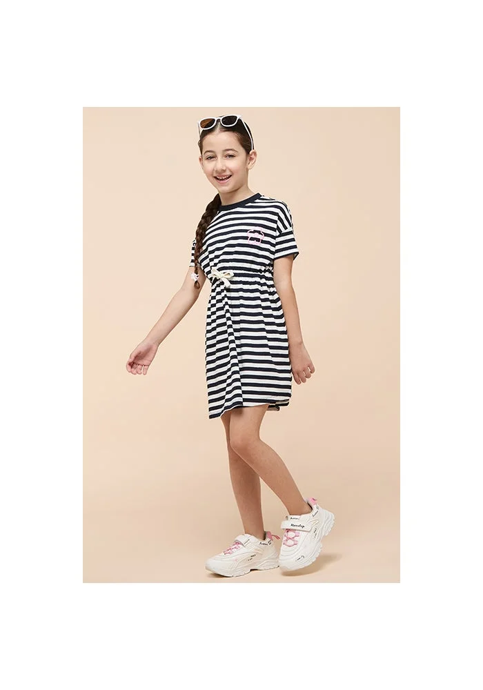أر أند بي Striped Dress with Crew Neck and Short Sleeves