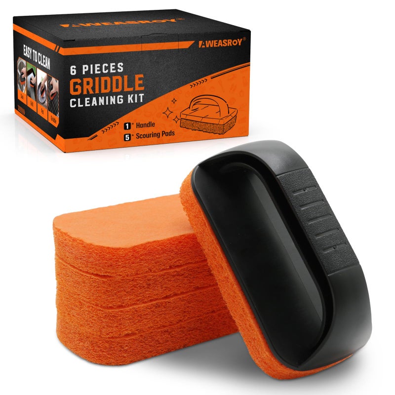 AWEASROY 6Piece Griddle Cleaning Kit for Blackstone Flat Top Grill Cleaning Kit NonScratch Scouring Pads for Kitchen  5 Scrubber Pads and 1 Handle