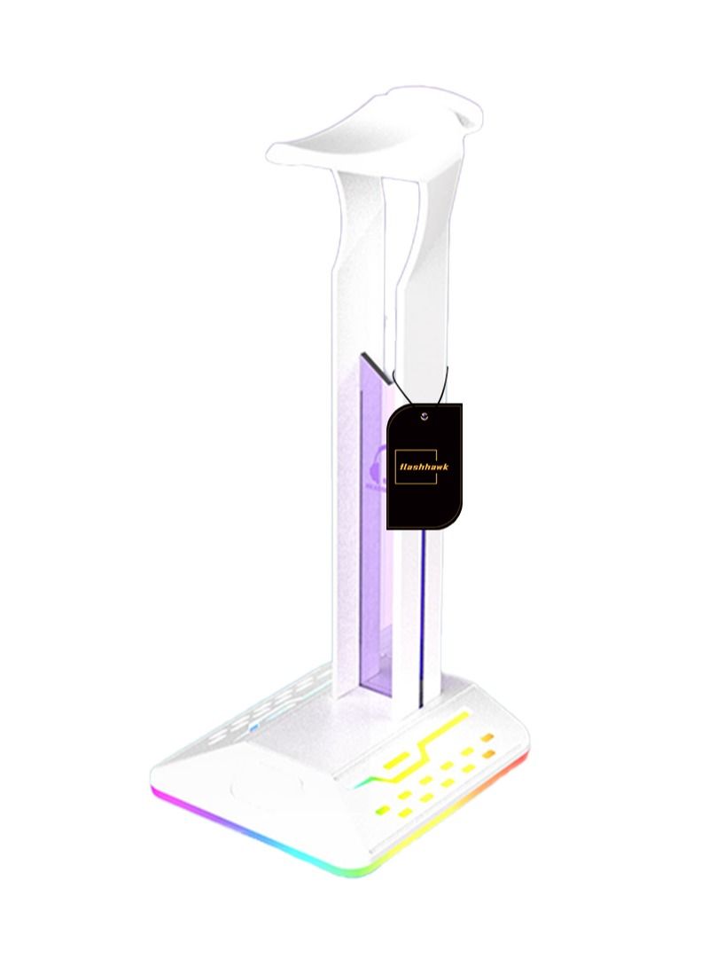 حامل سماعة رأس للألعاب لسطح المكتب RGB مع منفذي USB باللون الأبيض