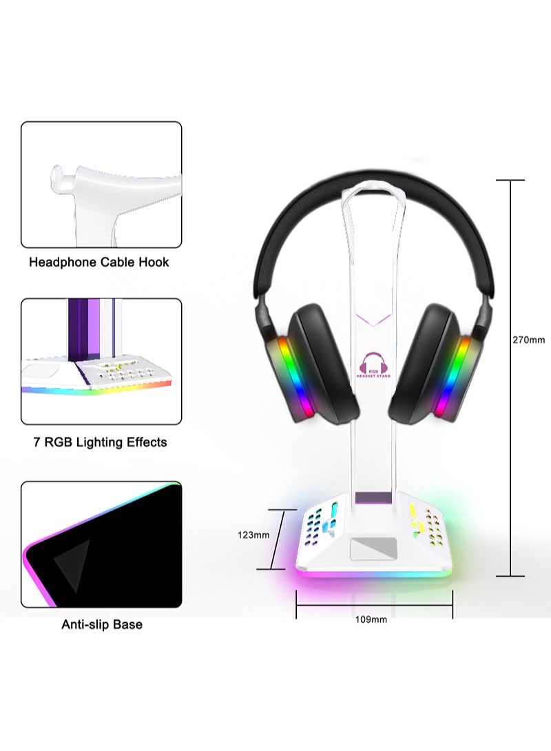 حامل سماعة رأس للألعاب لسطح المكتب RGB مع منفذي USB باللون الأبيض
