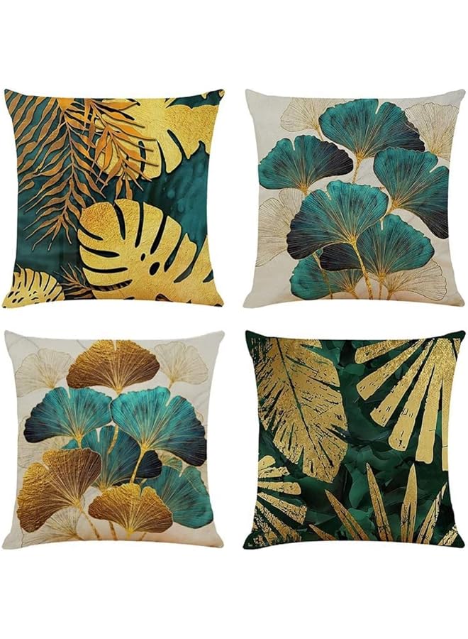 Zaboon Cushion Covers Throw Pillow Covers Linen Square Throw Pillow Covers Couch Bed Pillowcases Green Gold Leaves For Living Room Sofa 45Cm X 45Cm 18X18 Inch 4 Pcs - Image 1