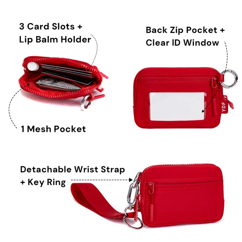 YDF Keychain Wallet for Women Mini Zip Wristlet Wallets with ID Window, Small Coin Purse Keychain Card Holder Organizer, Detachable Strap Gifts for Women, Red - Image 2