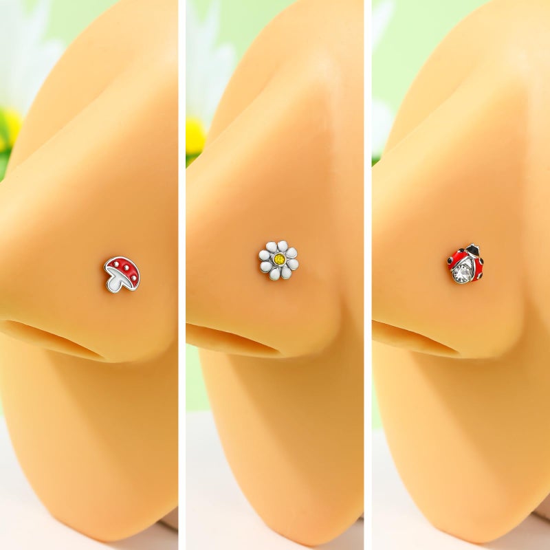 Melighting مجموعة 3 قطع من حلقات الأنف على شكل فطر 20G مع دبابيس أنف على شكل خنفساء من الفولاذ الجراحي 316L مجوهرات ثقب الأنف على شكل زهرة على شكل L للنساء 8 مم مجوهرات ثقب الربيع - Image 4