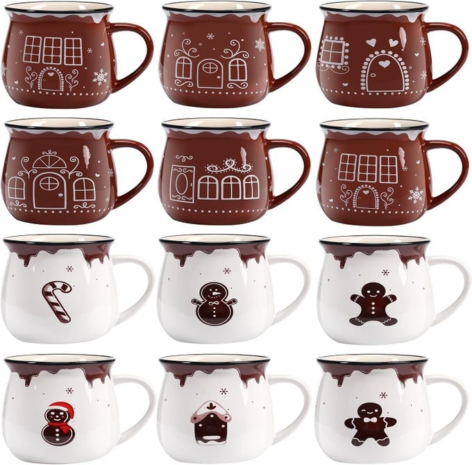 12 PIECES CHRISTMAS GINGERBREAD MUGS SET 12 OZ COFFEE CERAMIC CUP FOR HOLIDAY HOT COCOA MILK TEA COFFEE BAR DECORATION CHRISTMAS GIFT FOR WOMAN FAMILY FRIEND