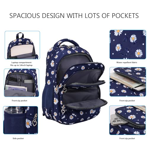 goldwheat Daisy Printed Backpacks With Lunch Pack Pencil Case 3pcs, Lightweight Waterproof Bookbag For Middle School - Image 3