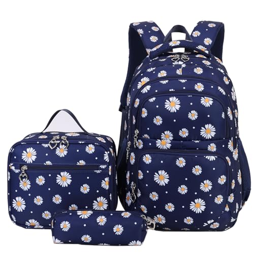 goldwheat Daisy Printed Backpacks With Lunch Pack Pencil Case 3pcs, Lightweight Waterproof Bookbag For Middle School - Image 1