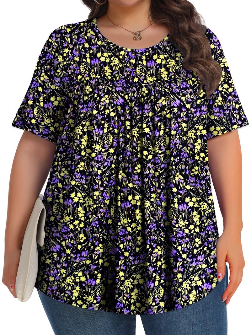 Tencede Womens Plus Size Tops Tunic Short Sleeve Crew Neck Shirts Casual Soft Blouse Golden Grass 3X - Image 3
