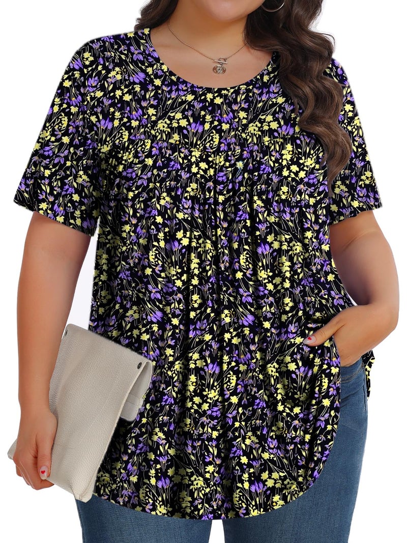 Tencede Womens Plus Size Tops Tunic Short Sleeve Crew Neck Shirts Casual Soft Blouse Golden Grass 3X - Image 1