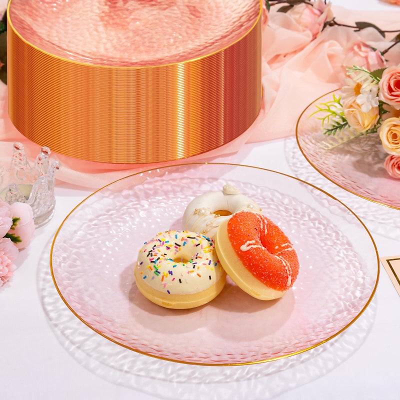 Rubtlamp 100 Pcs Pink And Gold Plastic Plates - 10 inch Clear Pink Gold Dinner Plates - Hammer Pattern Design - Fancy Disposable Plates - Heavy-Duty Party Plates Ideal for Mother's Day - Image 2