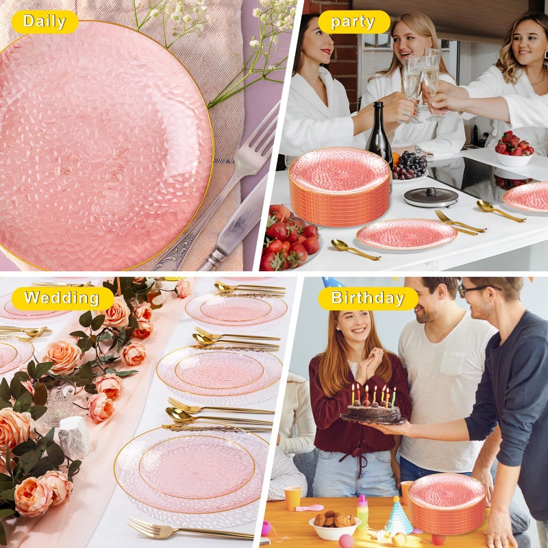 Rubtlamp 100 Pcs Pink And Gold Plastic Plates - 10 inch Clear Pink Gold Dinner Plates - Hammer Pattern Design - Fancy Disposable Plates - Heavy-Duty Party Plates Ideal for Mother's Day - Image 4
