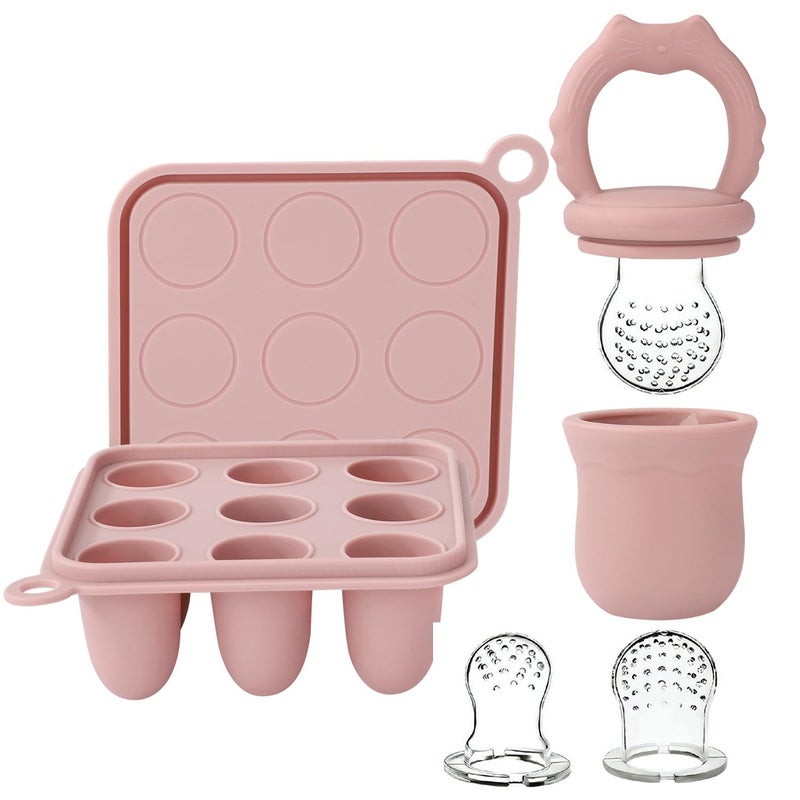 Socub Silicone Baby Fruit Food Feeder & Baby Food Freezer Tray Set, Milk Popsicle Molds for Baby Teething Relief, Baby Food Pacifier Feeder for Infants Self Feeding, Include 3 Sizes Food Pouch - Image 1