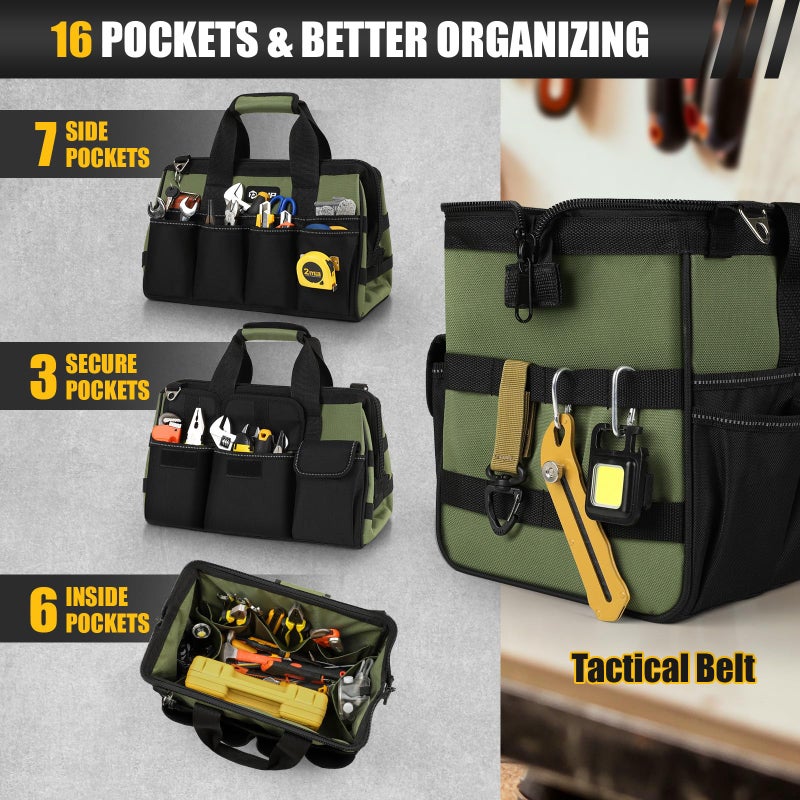 UUP Heavy Duty Tool Bag 15-Inch, 16-Pocket Portable Empty Tool Box Organizer, Big Storage Toolbox Organization, Soft Handle Large Zipper Carrying Toolbag, Father Day Gifts for Him Dad Men, Green - Image 3