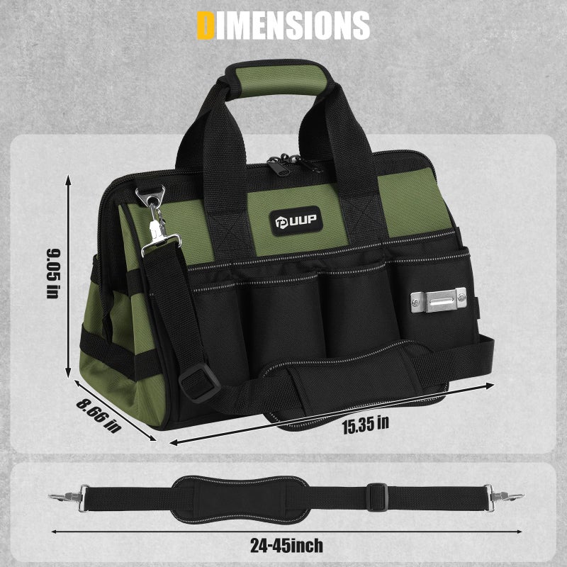 UUP Heavy Duty Tool Bag 15-Inch, 16-Pocket Portable Empty Tool Box Organizer, Big Storage Toolbox Organization, Soft Handle Large Zipper Carrying Toolbag, Father Day Gifts for Him Dad Men, Green - Image 2
