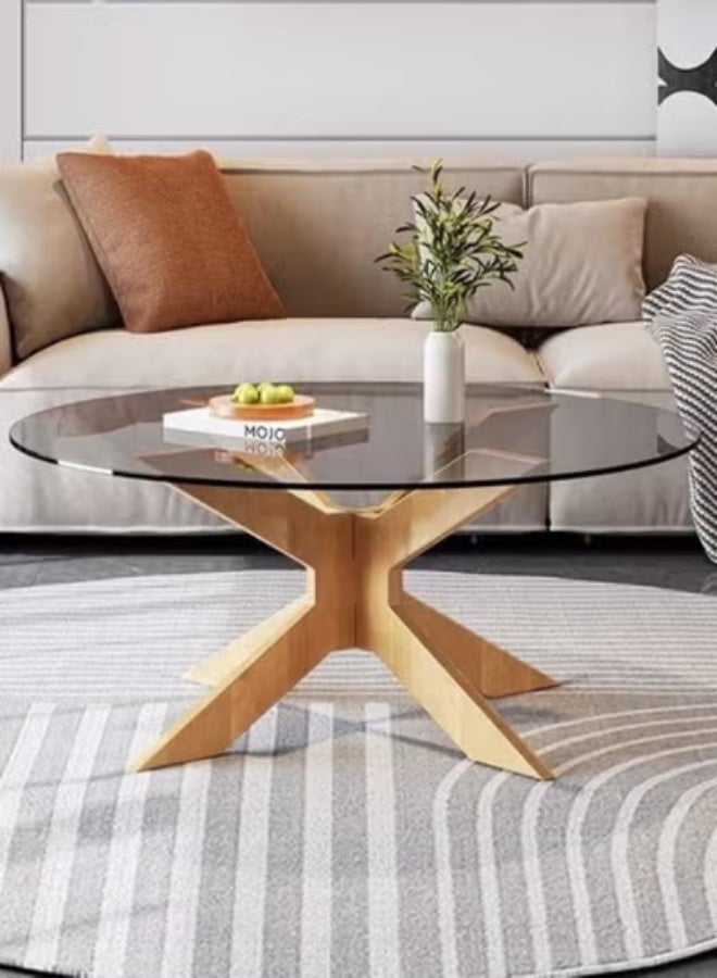 رافين طاولة قهوة دائرية حديثة من الزجاج بقاعدة خشبية متقاطعة - طاولة مركزية لغرفة المعيشة بسطح من الزجاج المقسّى 70×70×35 سم - Image 1