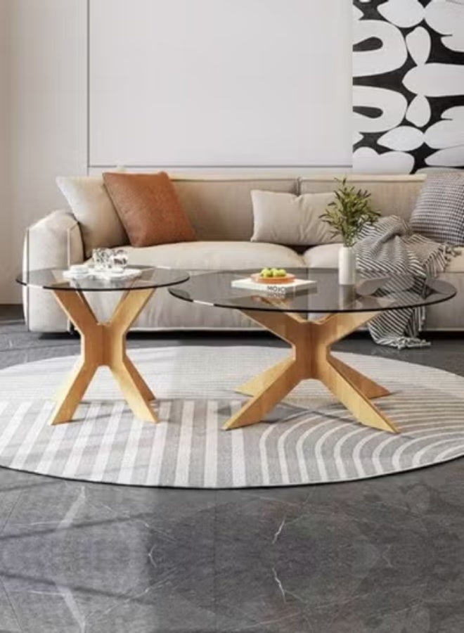 رافين طاولة قهوة دائرية حديثة من الزجاج بقاعدة خشبية متقاطعة - طاولة مركزية لغرفة المعيشة بسطح من الزجاج المقسّى 70×70×35 سم - Image 2